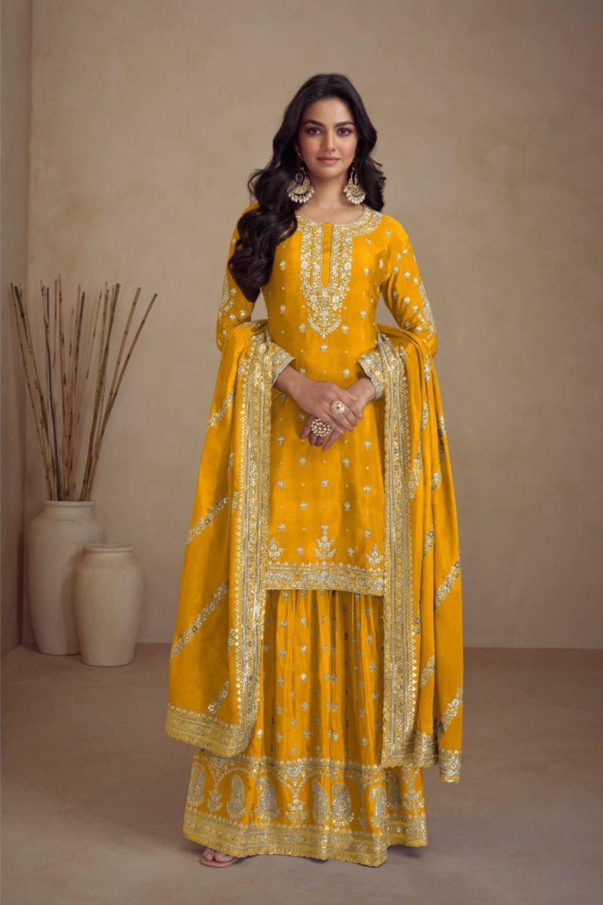 Chinon Yellow Short Kurta Gharara Set