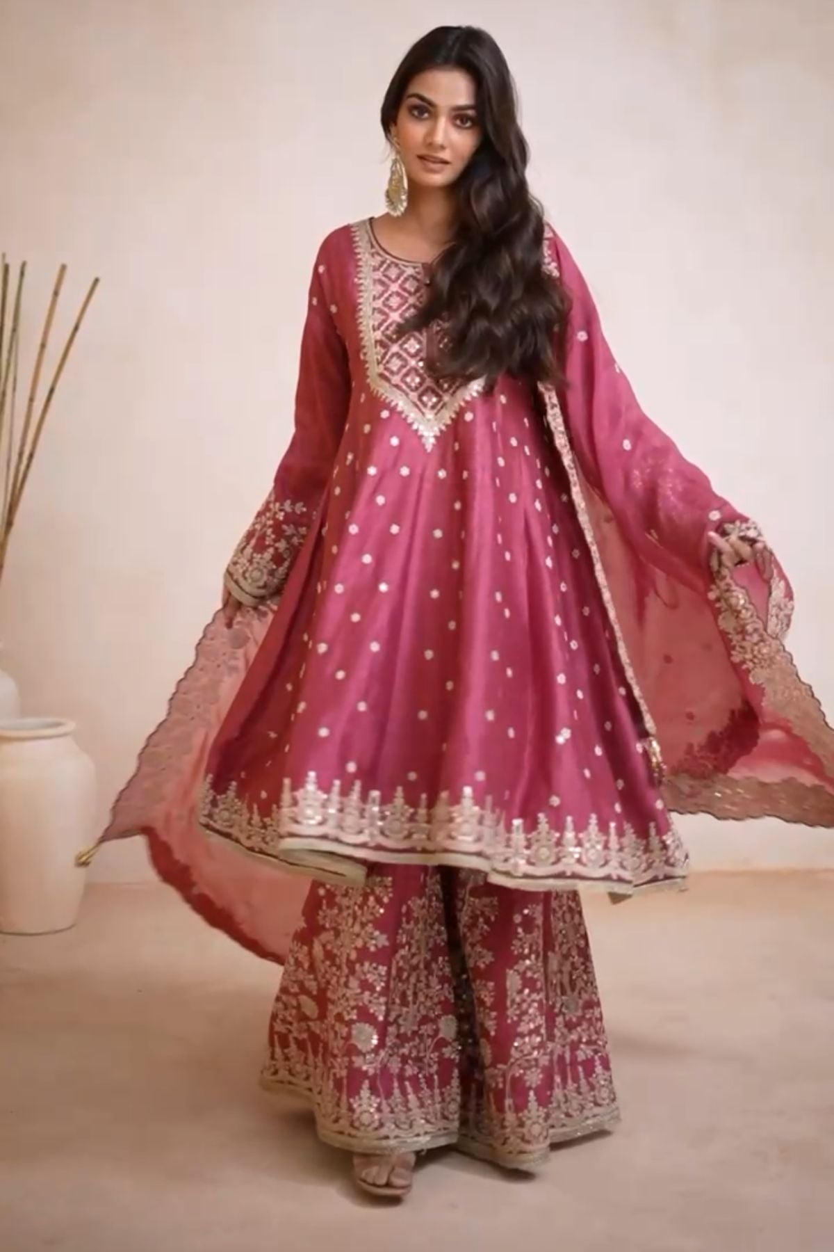 Chinon Silk Embroidered A-line Kurta Set With Sharara
