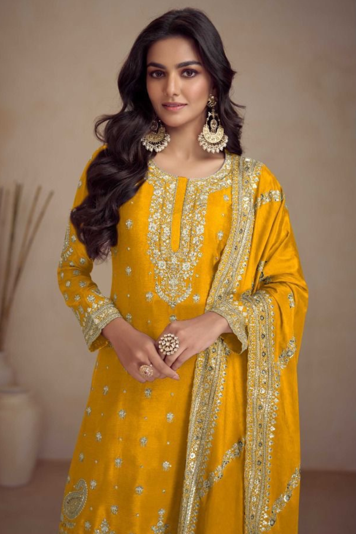 Chinon Yellow Short Kurta Gharara Set