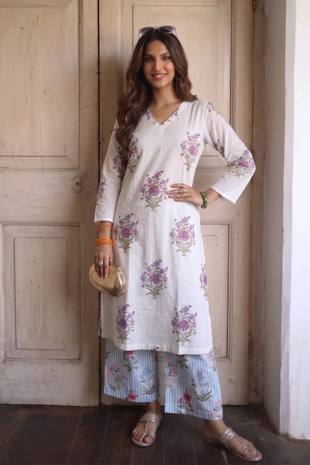 White Hand Block Printed Cotton Kurta with Floral Stripe Palazzo