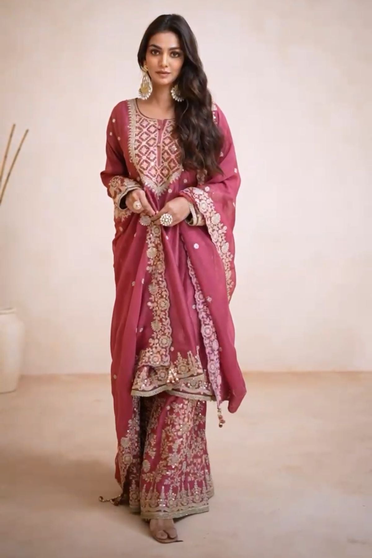 Chinon Silk Embroidered A-line Kurta Set With Sharara