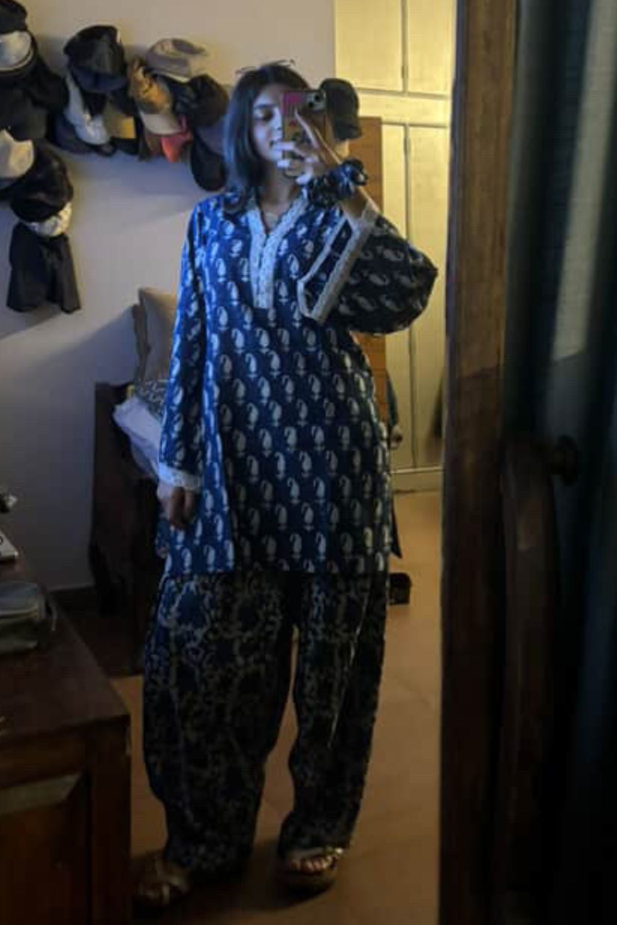 Cotton Block Printed Straight Kurta Farshi Salwar Set-Indigo