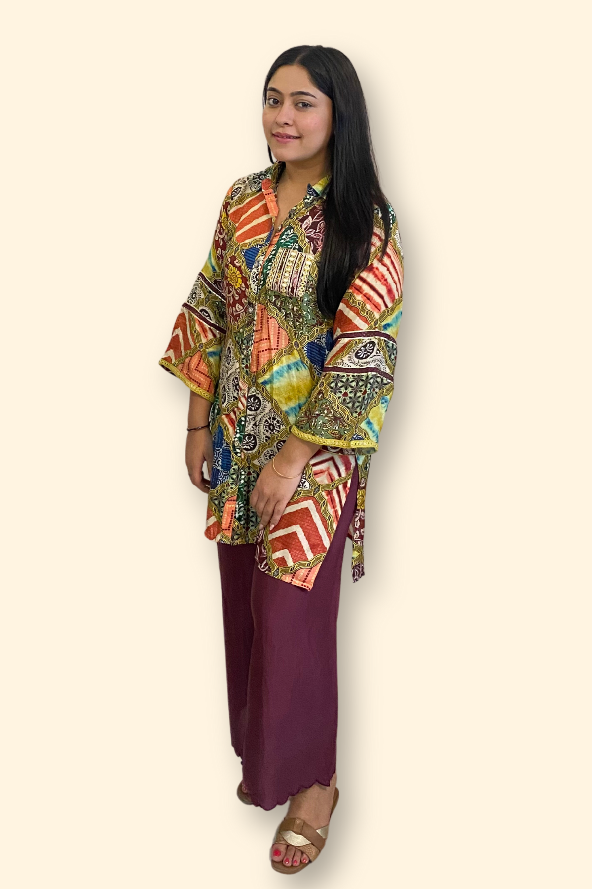 Muslin Printed Straight Kurta Set With Mirror Work