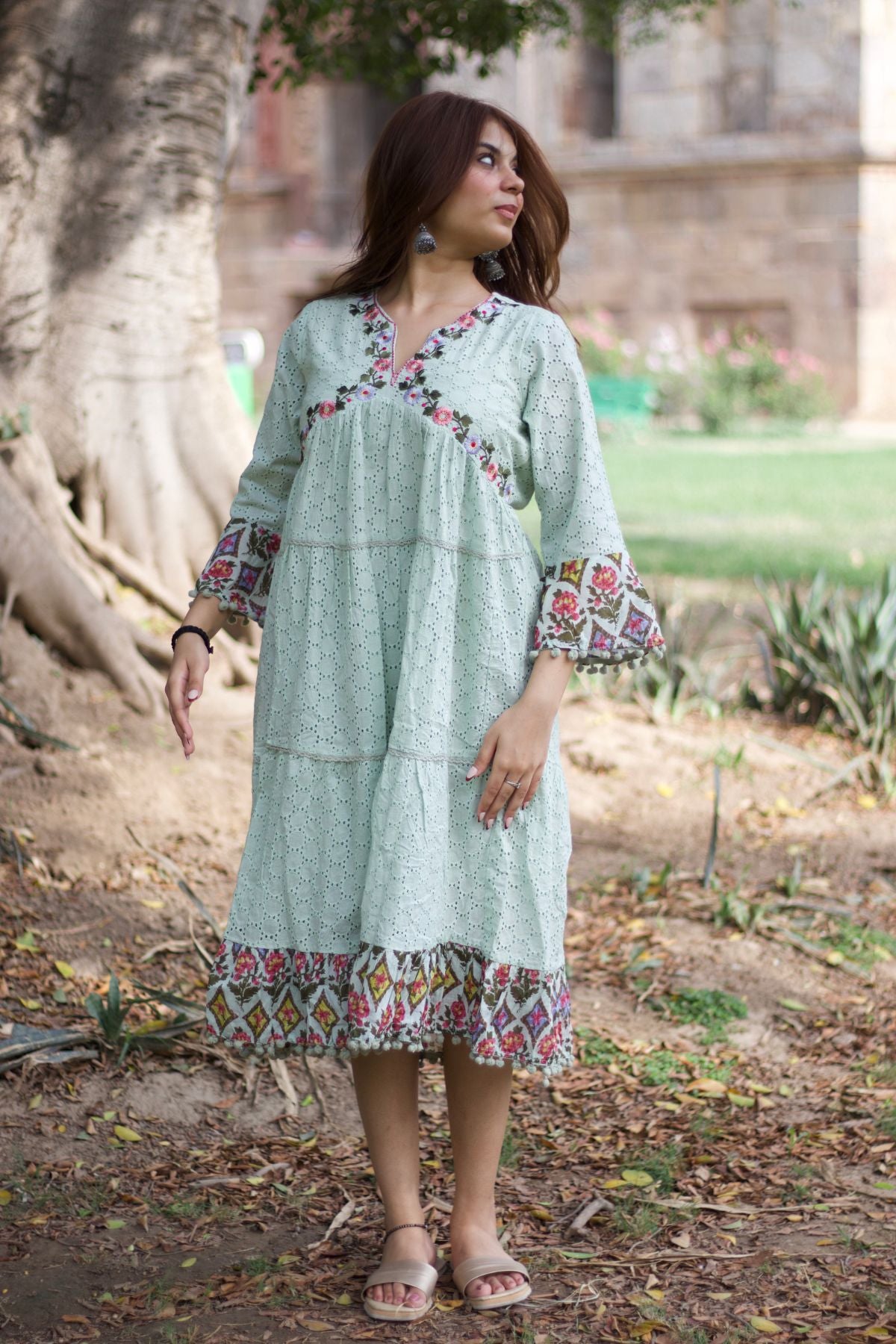 Cotton Schiffli Embroidered Dress in Sea Green