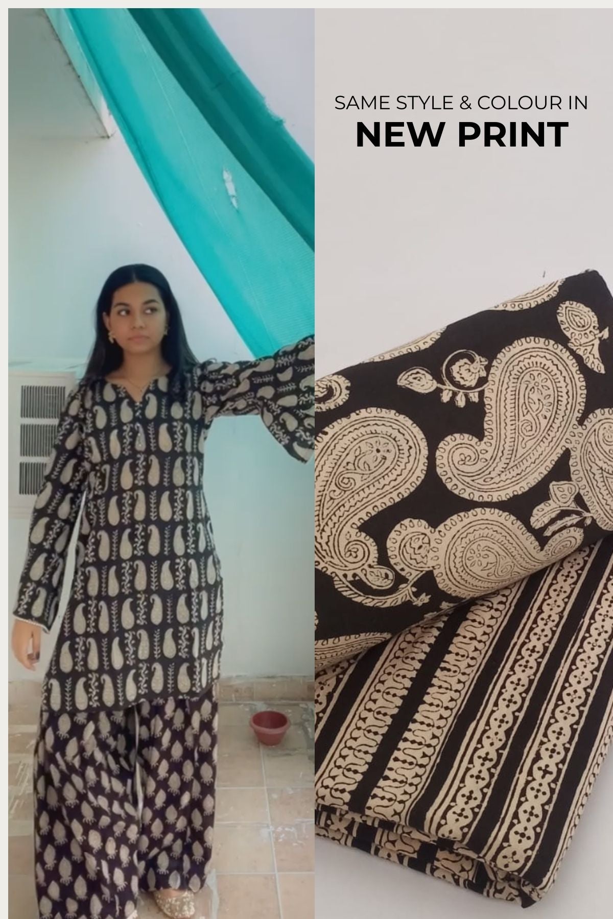 Cotton Paisley Pearl Straight Kurta Farshi Salwar Set-Black