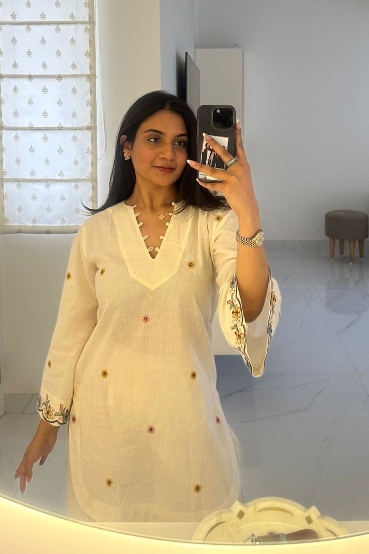 Cotton Floral Embroidered Straight Kurta With Straight Pant Set-White