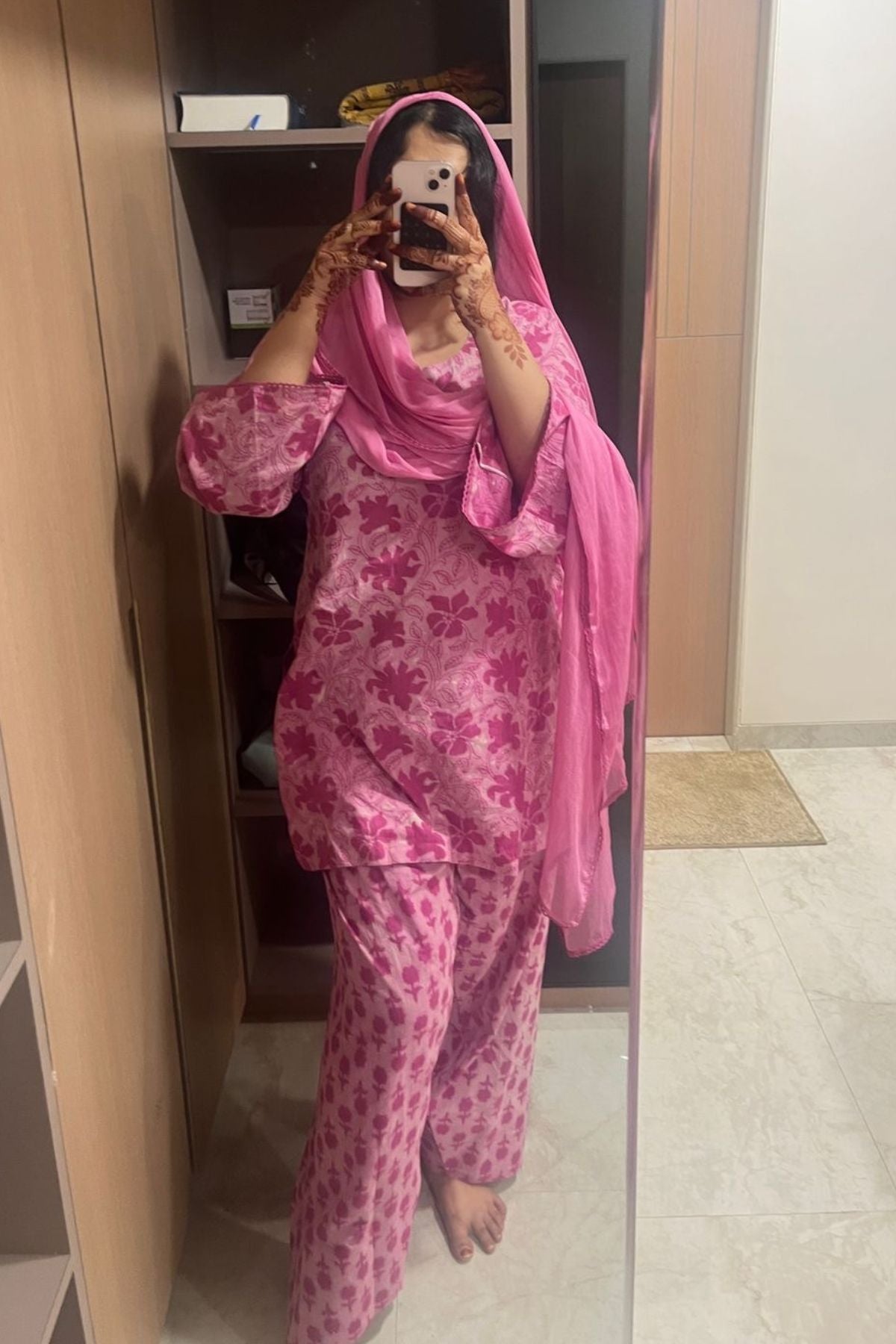 Cotton Block Printed Straight Kurta Farshi Salwar Set-Pink