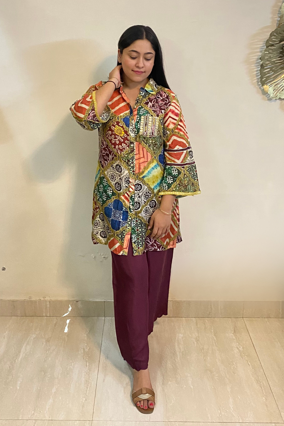 Muslin Printed Straight Kurta Set With Mirror Work