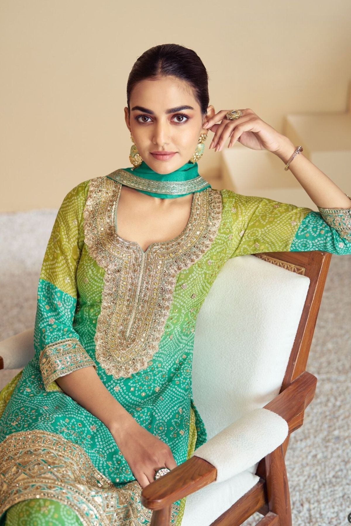 Chinon Bandhani Ombre Short Kurta Set With Sharara