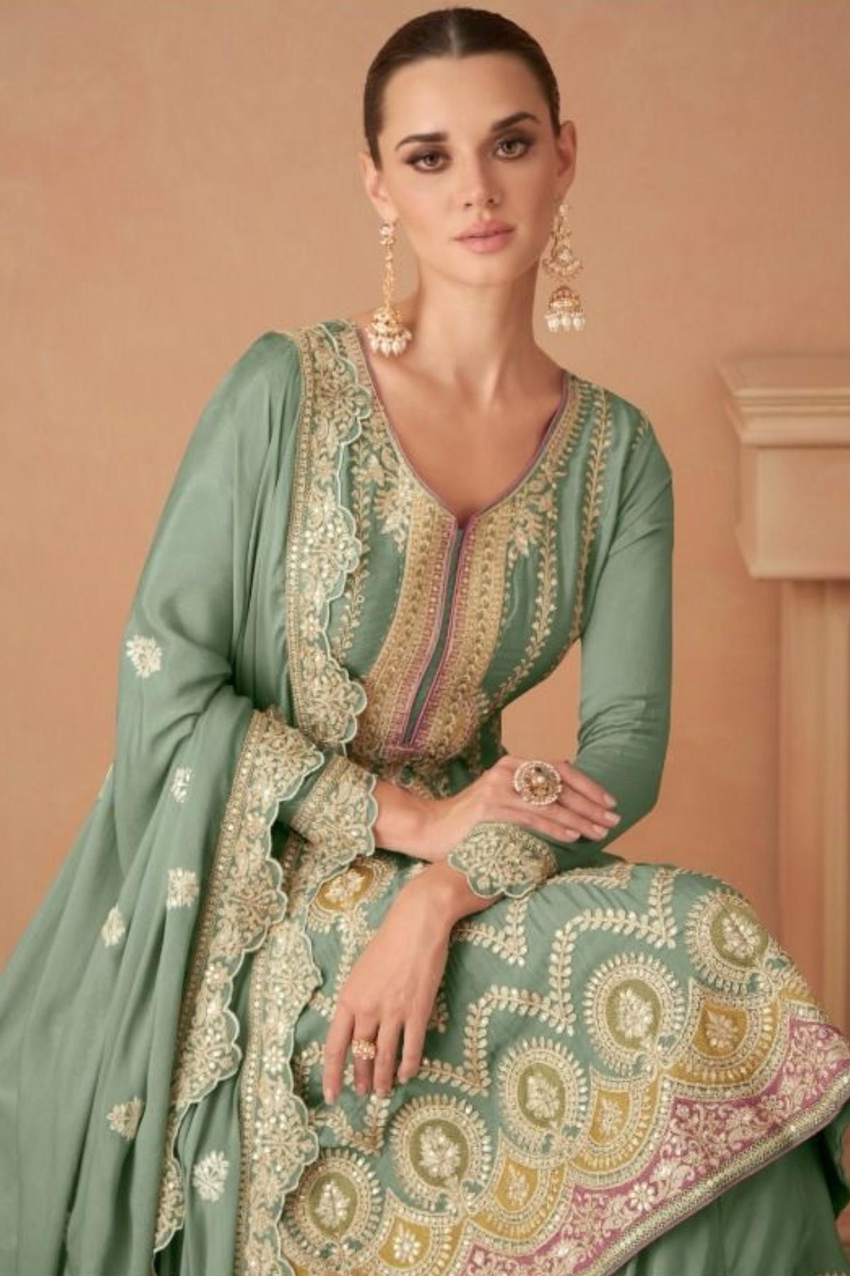 Chinon Silk Green Anarkali Kurta Set With Sharara