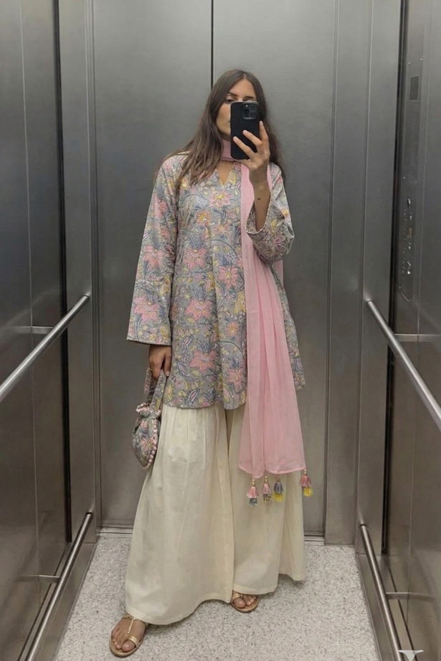 Pure Cotton Block Printed Gharara Set - Grey
