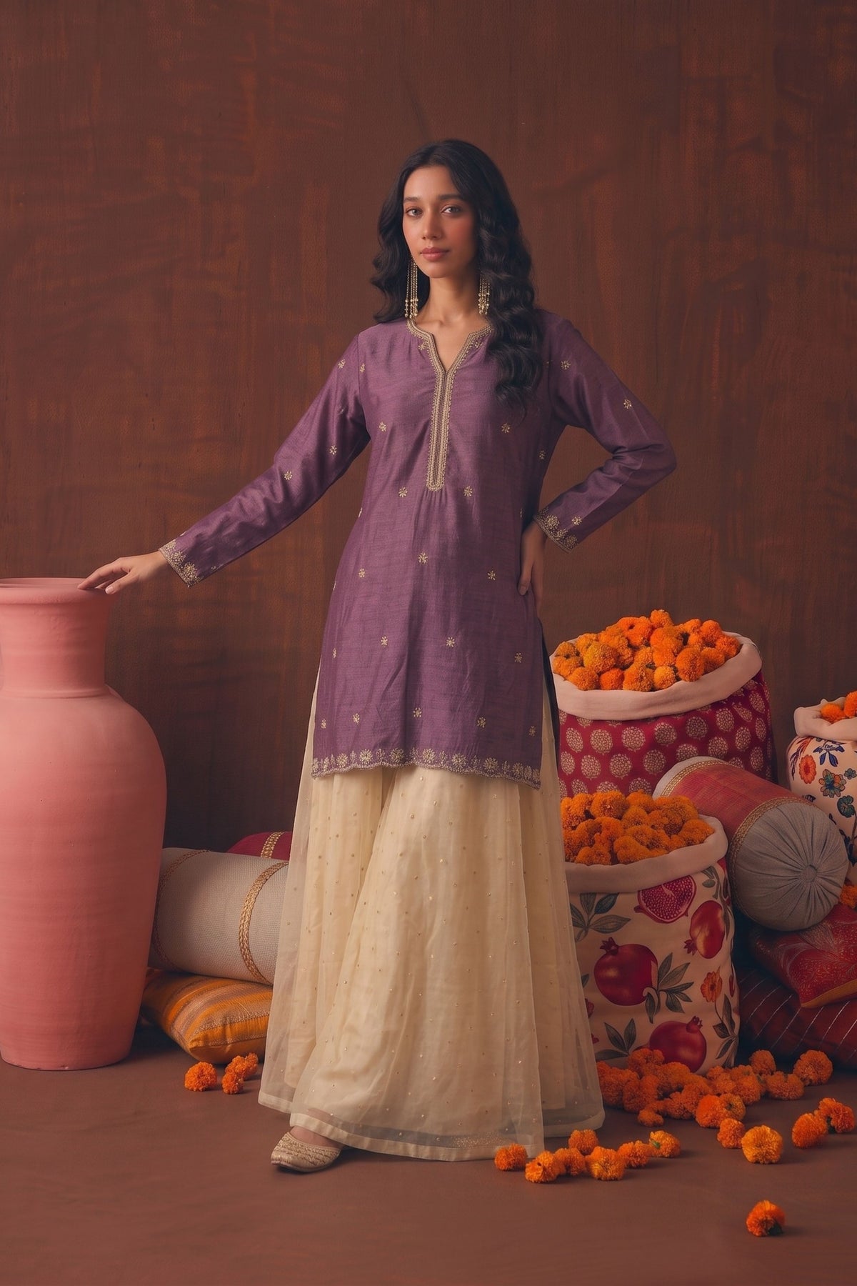 Noor Chinon Purple Kurta With Sequin Tissue Kalidar Palazzo