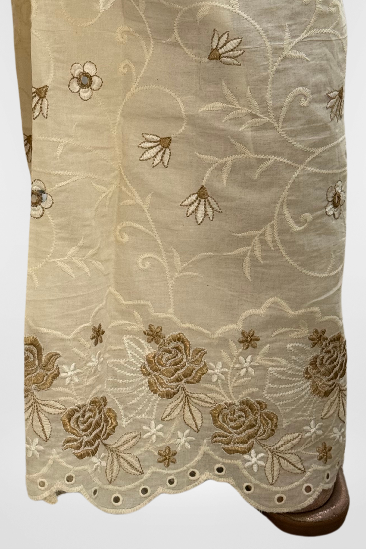 Our Palazzo made with Pure Cotton and adorned with elegant Golden Embroidery.