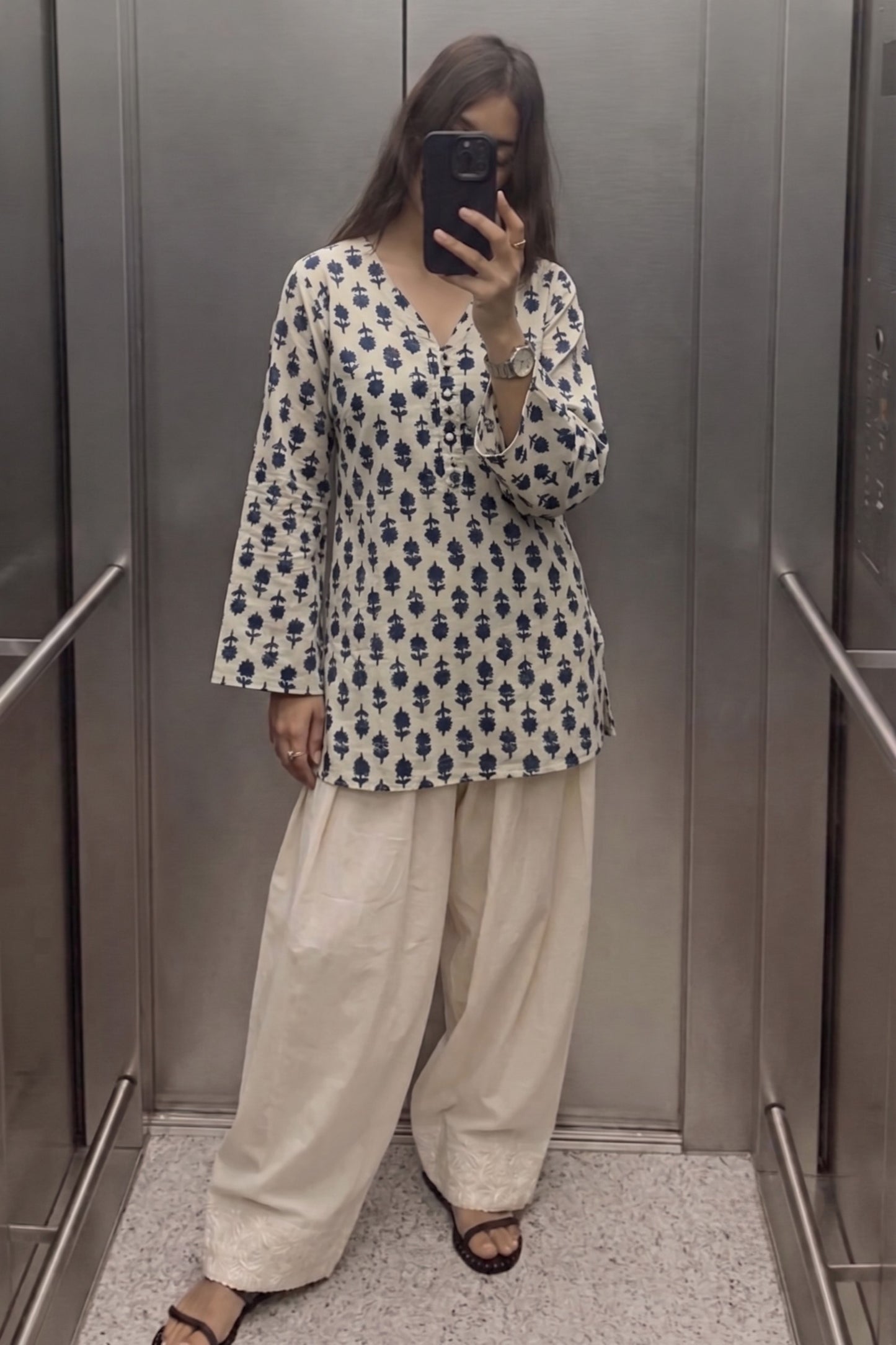 Cotton Block Printed Straight Kurta Farshi Salwar Set-Indigo & White