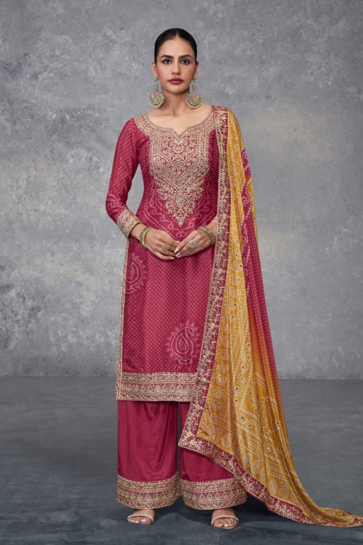 Chinon Bandhani Pink Kurta Set With Dupatta