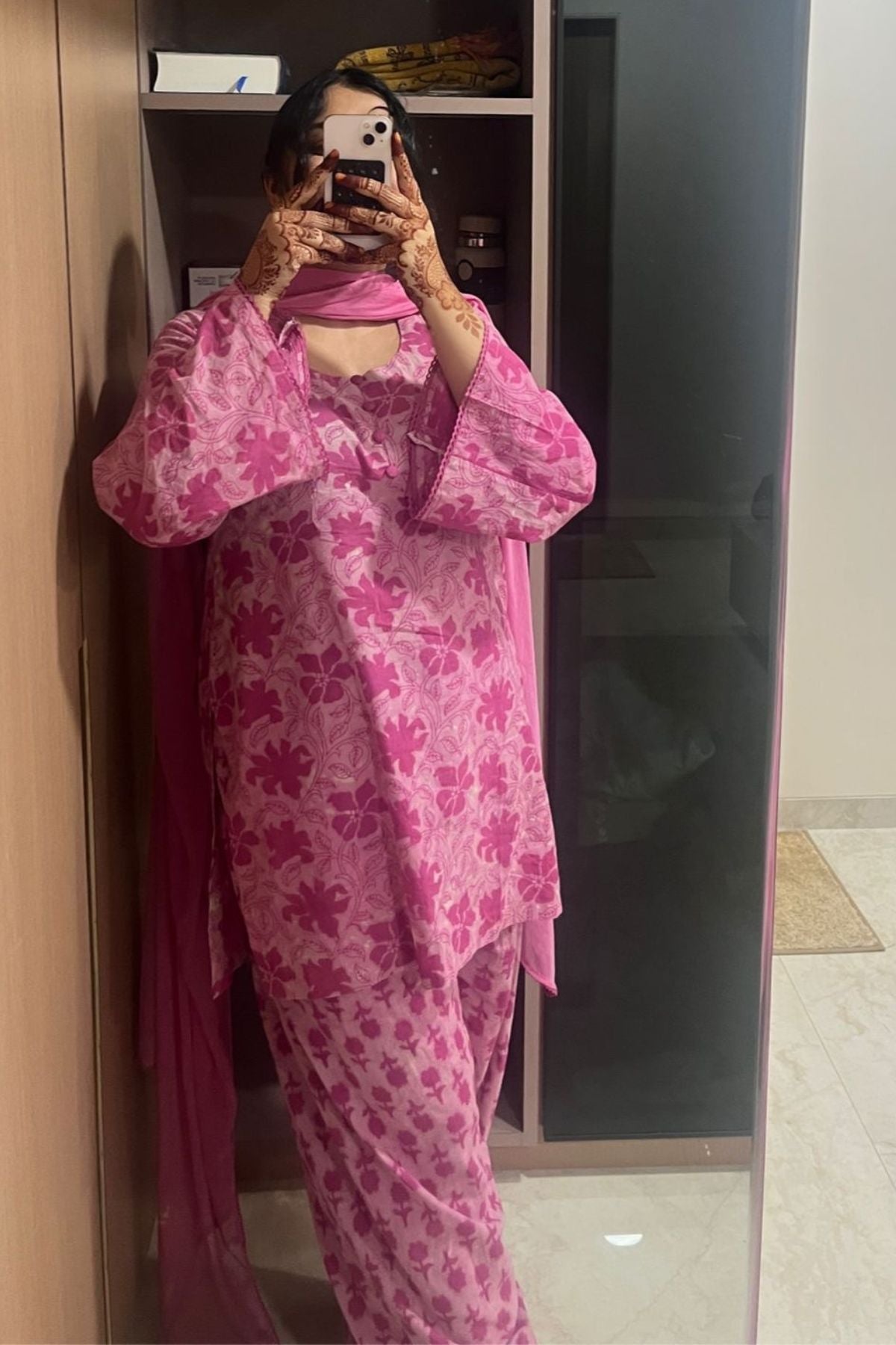 Cotton Block Printed Straight Kurta Farshi Salwar Set-Pink
