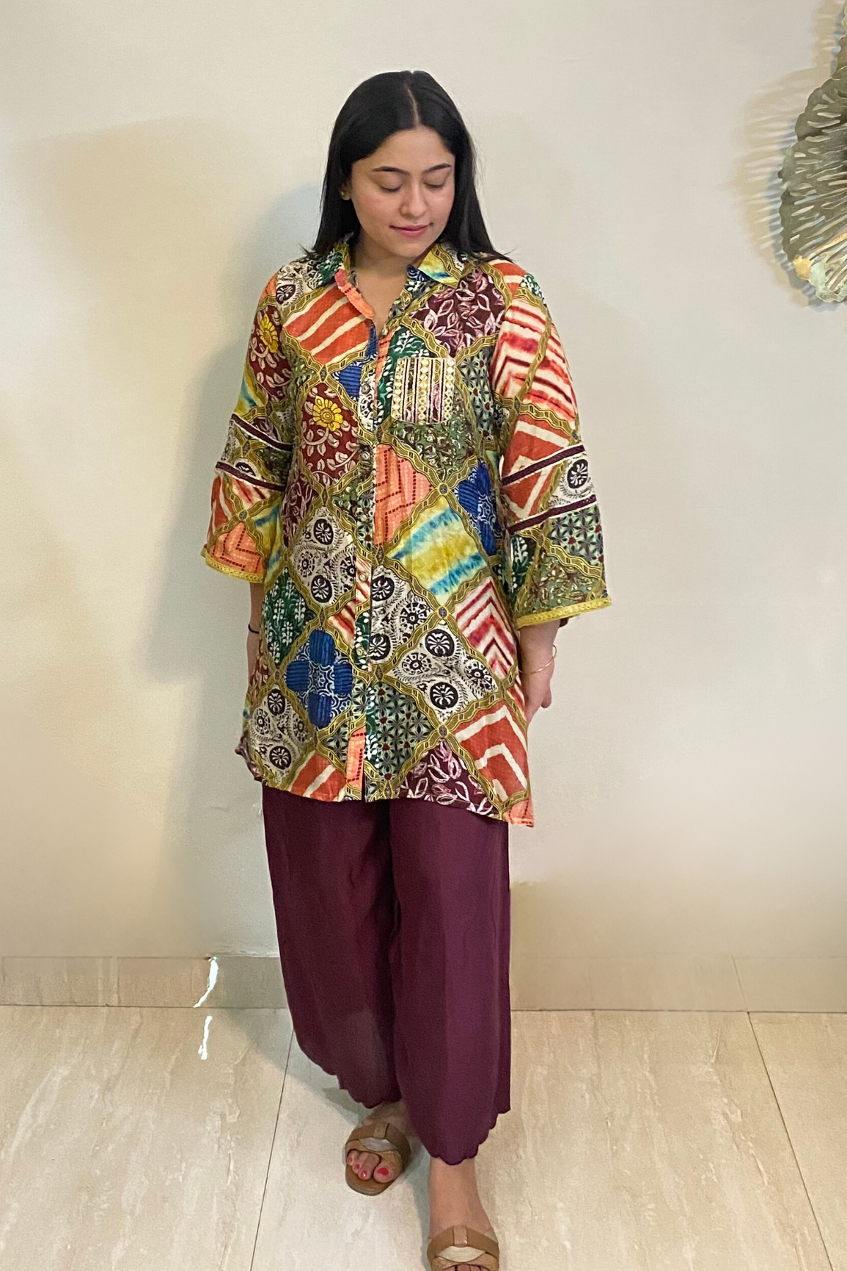 Muslin Printed Straight Kurta Set With Mirror Work
