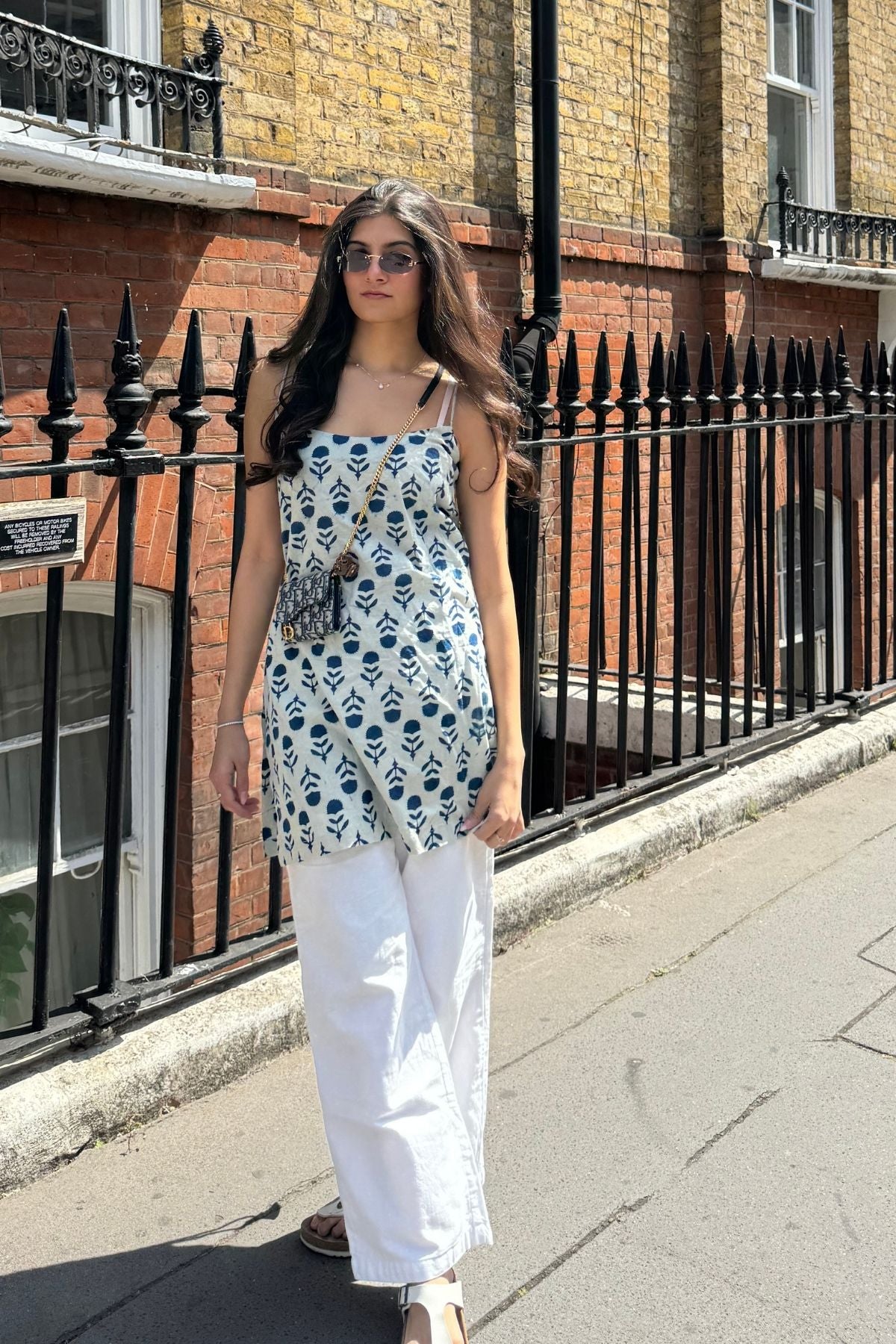 Cotton Block Printed Indigo Noodle Strap Kurta With Dori Detail