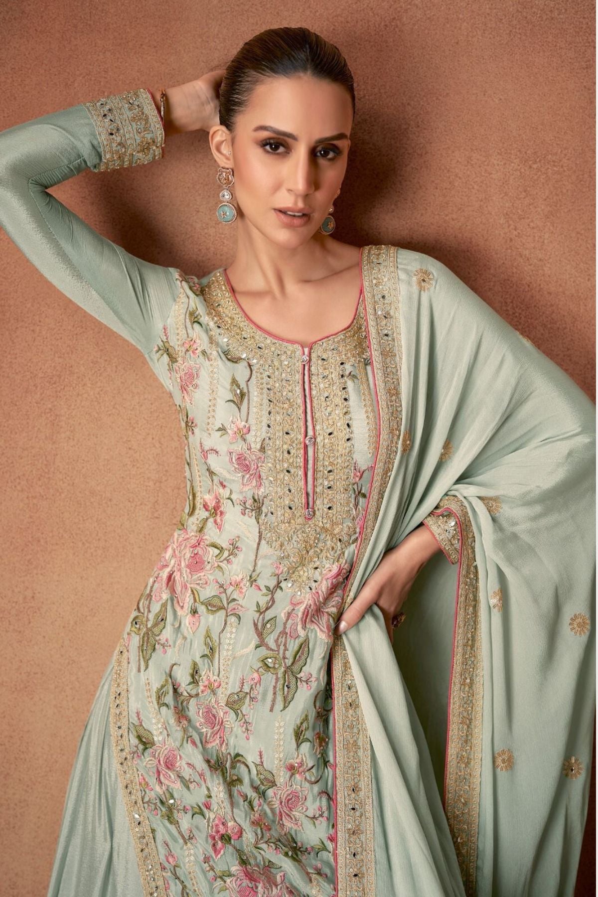 Chinon Embroidered Blue Kurta Set With Dupatta