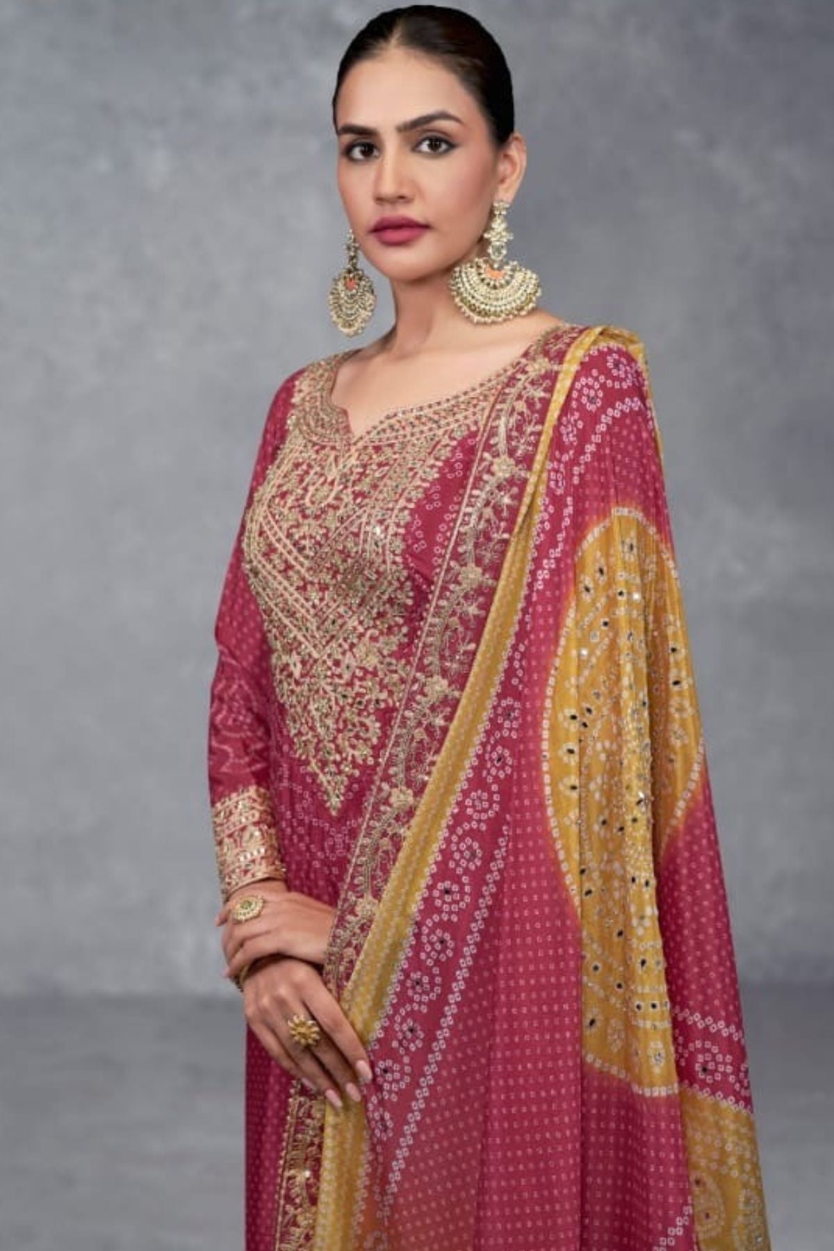 Chinon Bandhani Pink Kurta Set With Dupatta