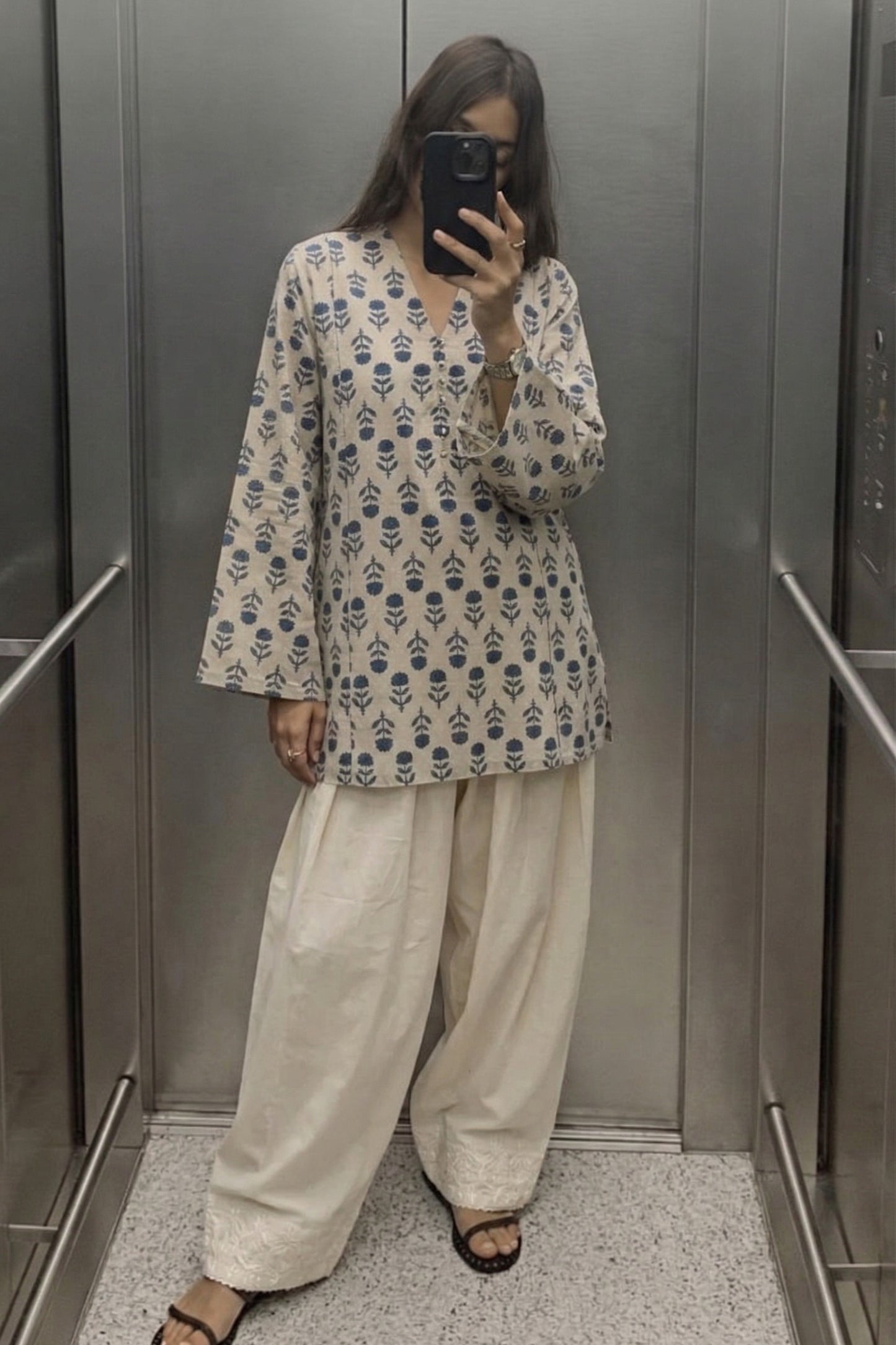 Cotton Block Printed Straight Kurta Farshi Salwar Set-Indigo & White