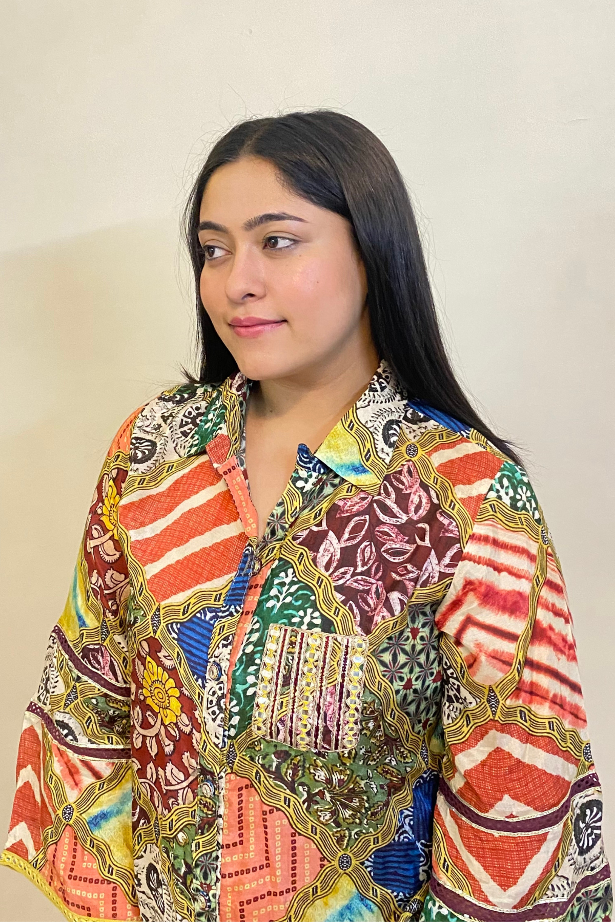 Muslin Printed Straight Kurta Set With Mirror Work