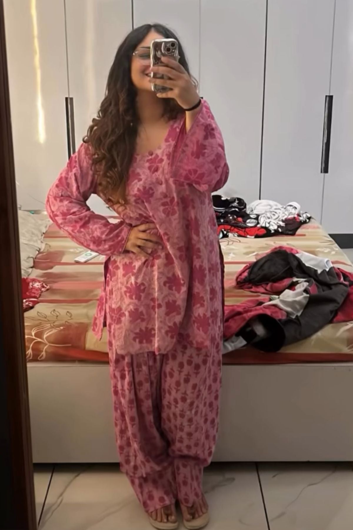 Cotton Block Printed Straight Kurta Farshi Salwar Set-Pink