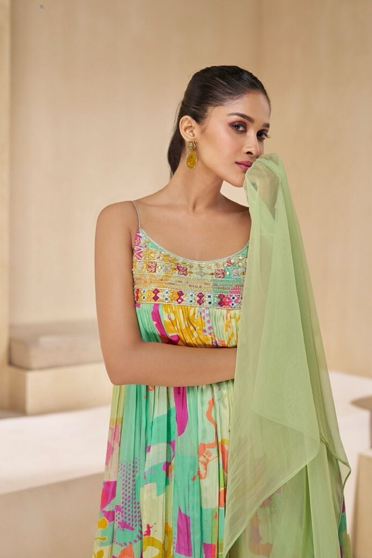 Embroidered Green Kurta Set With Sharara