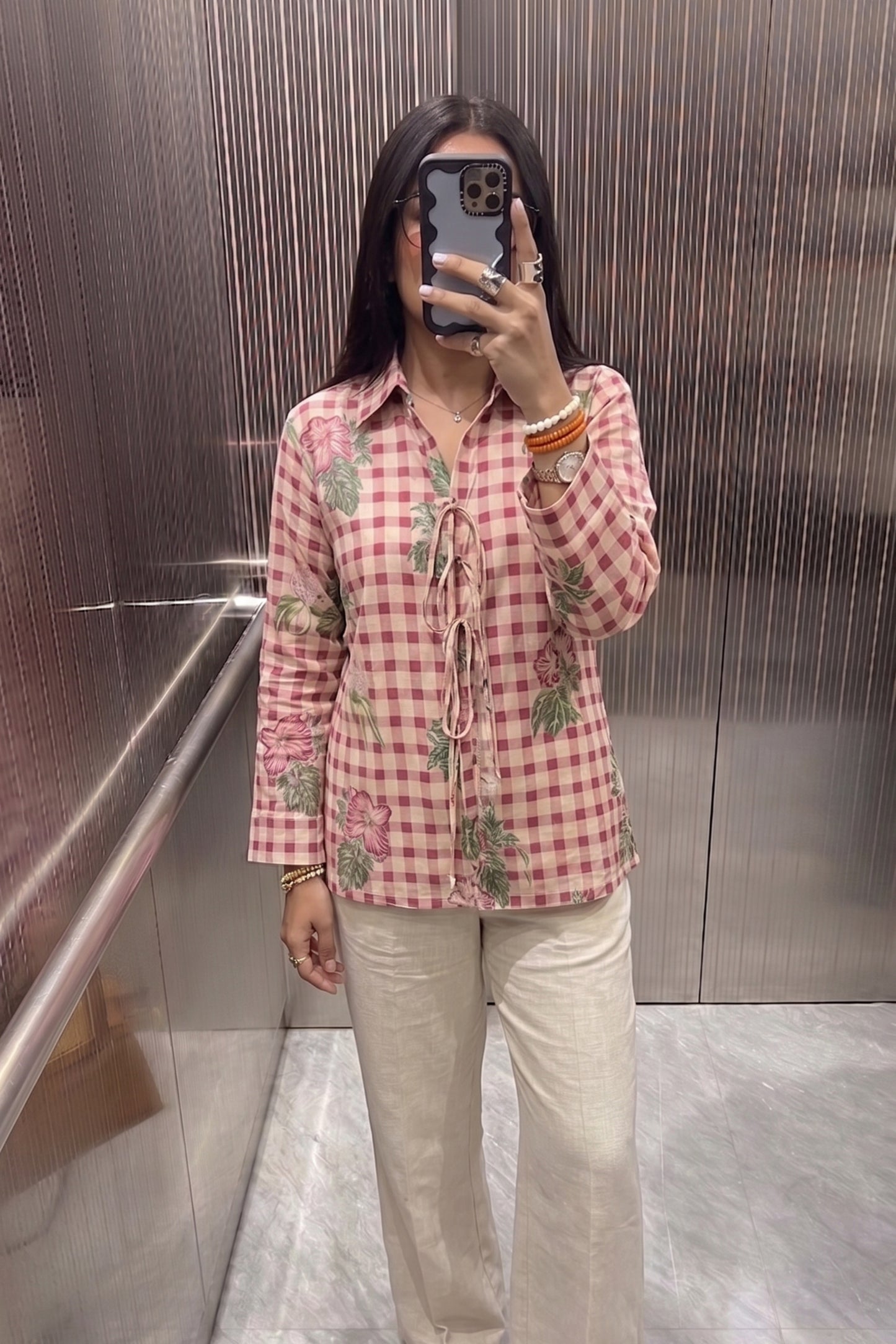 Pure Cotton Block Printed Check Kurti Shirt With Dori