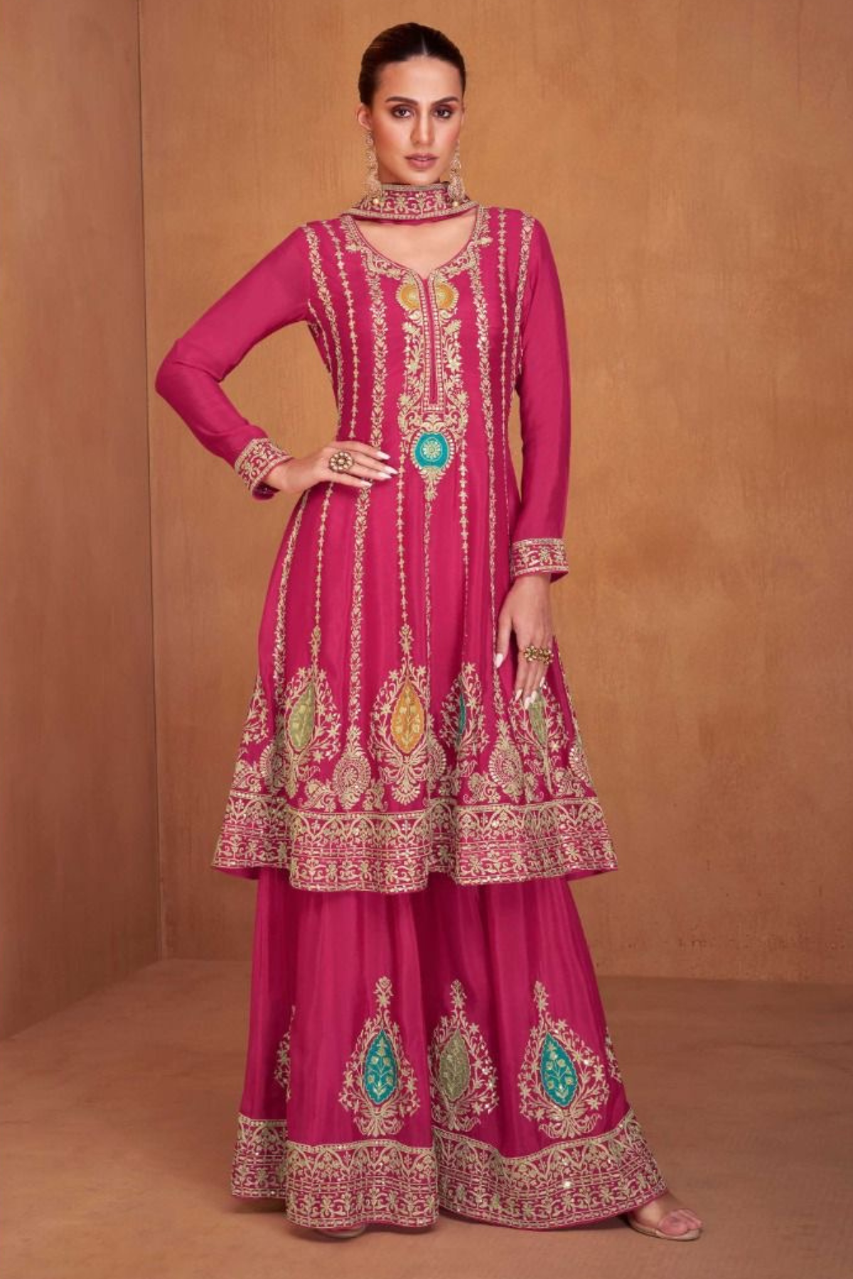Chinon Silk Pink A-line Kurta Set With Sharara