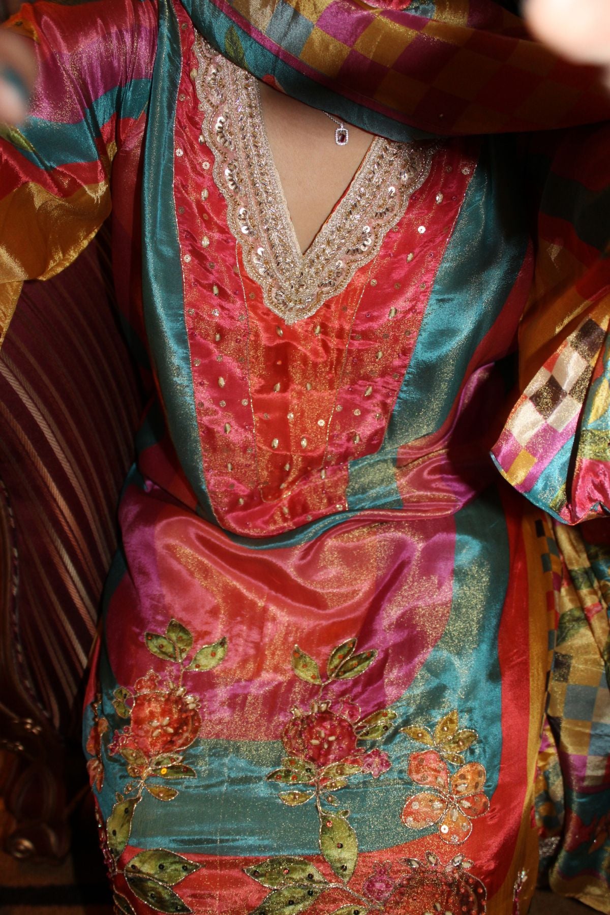 Pure Crepe Printed Pakistani Suit With Mirror Embellishments