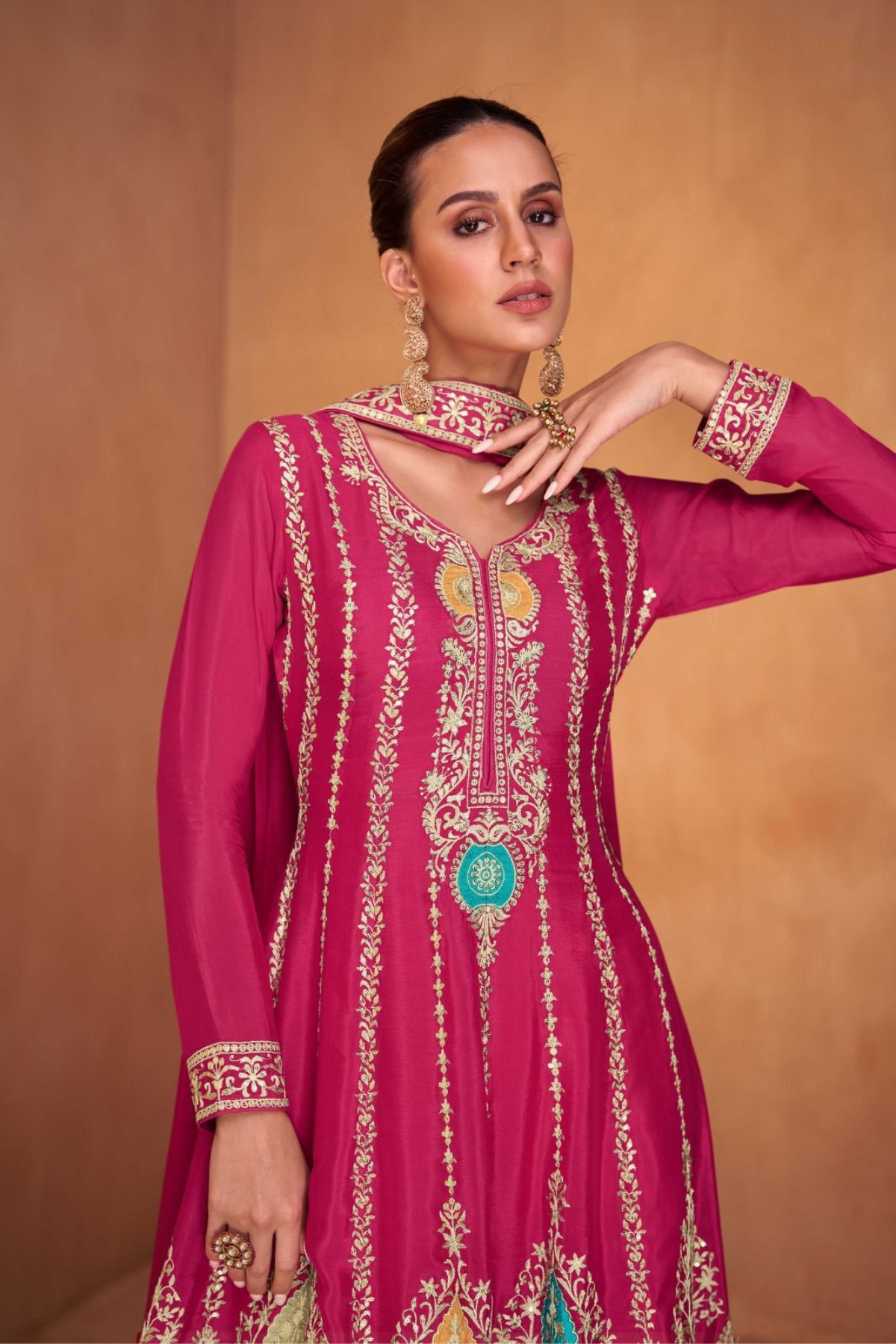 Chinon Silk Pink A-line Kurta Set With Sharara