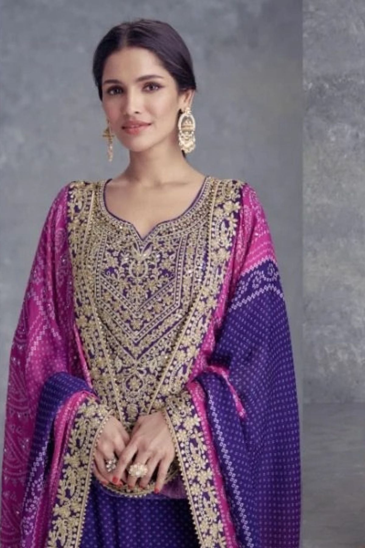 Chinon Bandhani Purple Kurta Set With Dupatta