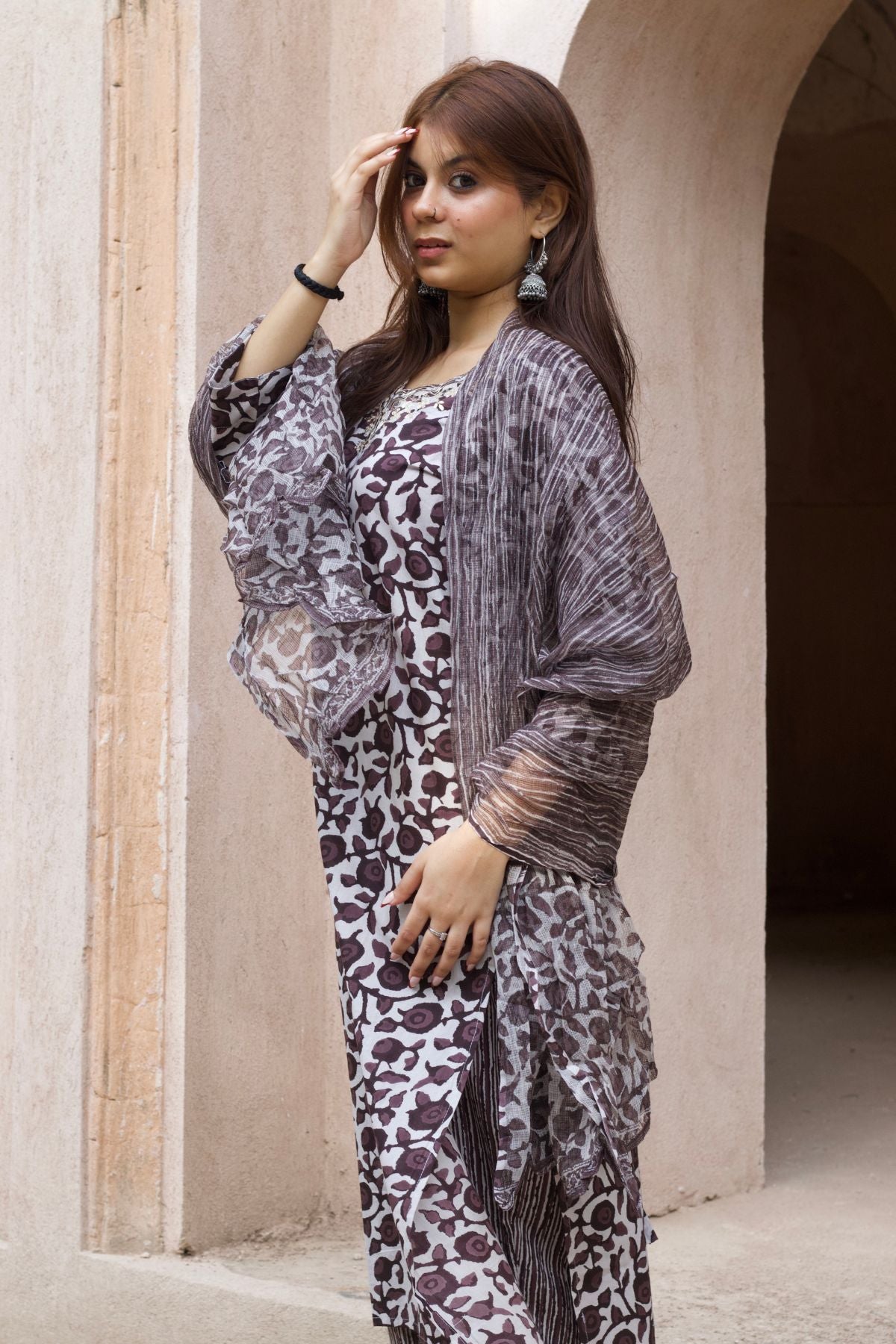 Cotton Jaipuri Print Kurta Set With Dupatta in Black