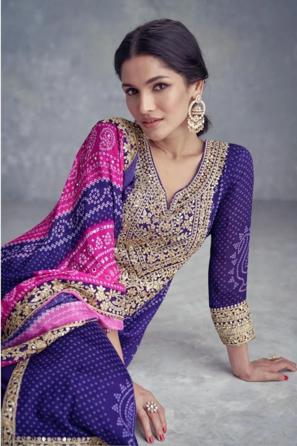 Chinon Bandhani Purple Kurta Set With Dupatta