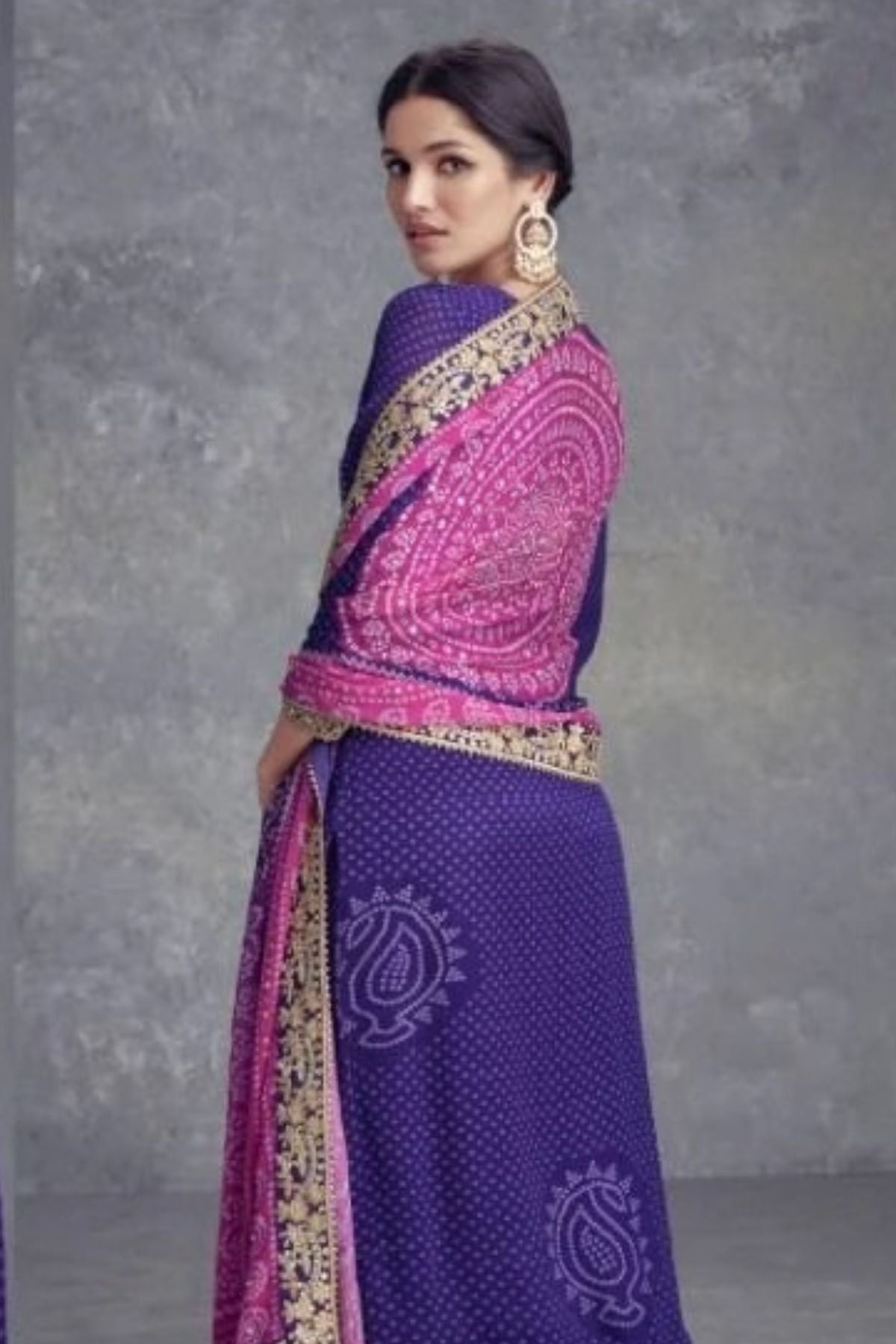 Chinon Bandhani Purple Kurta Set With Dupatta