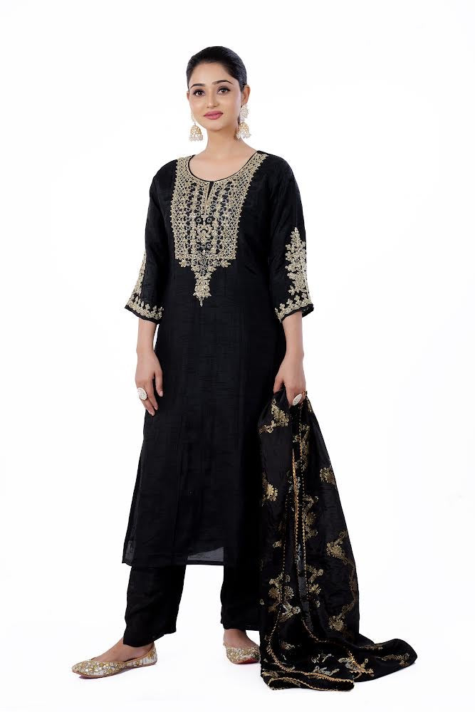 Straight Kurta Set with Banarasi Dupatta made from Dola Silk and hand-embroidery in Black colour