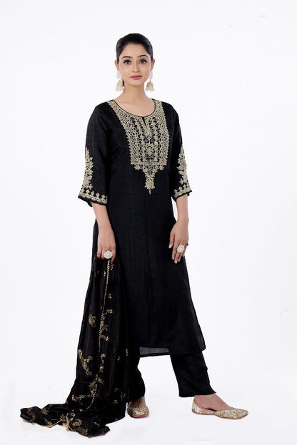 Straight Kurta Set with Banarasi Dupatta made from Dola Silk and hand-embroidery in Black colour