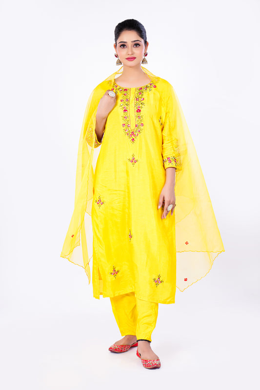 Straight Kurta Set with Organza Dupatta is made from luxurious Dola Silk and Hand Embroidery in Yellow Colour