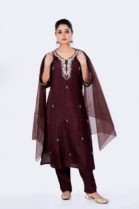 Straight Kurta Set with Organza Dupatta is made from luxurious Dola Silk and Zardozi Embroidery in Maroon Colour