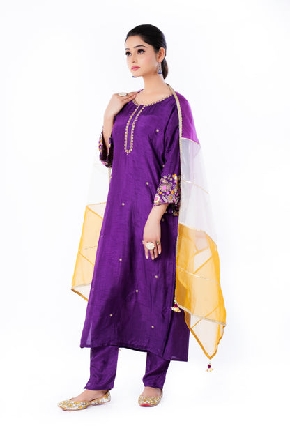 Straight Kurta Set with Organza Dupatta is made from luxurious Dola Silk and Zardozi Embroidery in Purple Colour