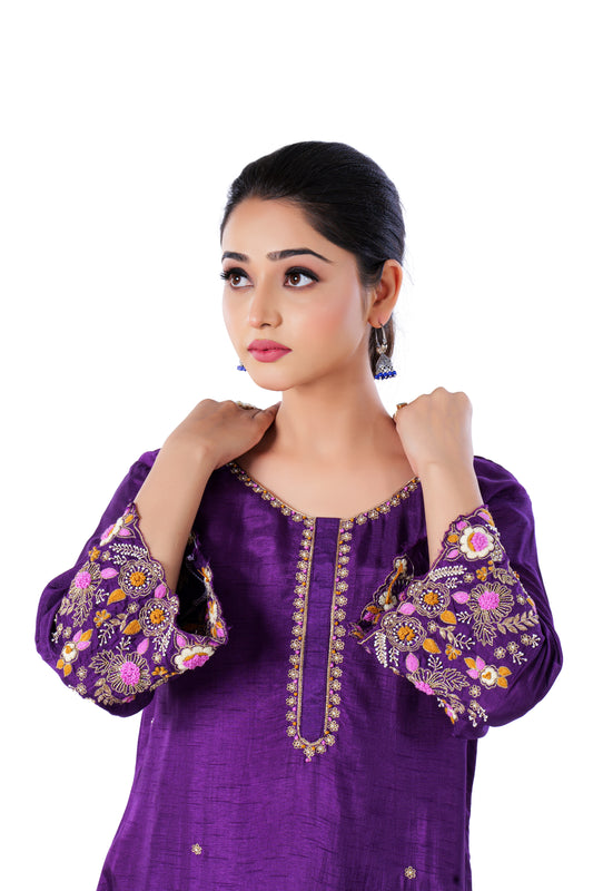 Straight Kurta Set with Organza Dupatta is made from luxurious Dola Silk and Zardozi Embroidery in Purple Colour