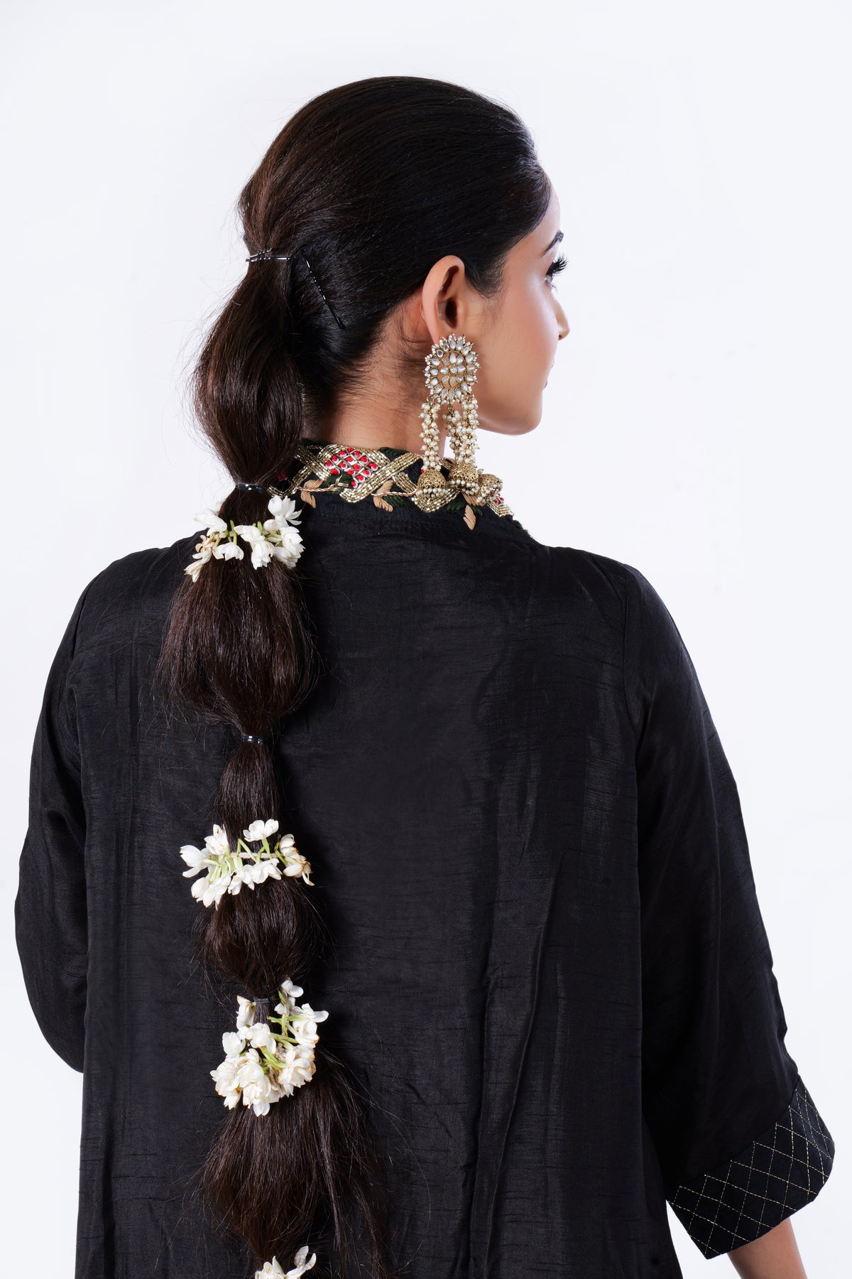 Straight Kurta Set with Organza Dupatta is made from luxurious Dola Silk and Zardozi Embroidery in Black Colou