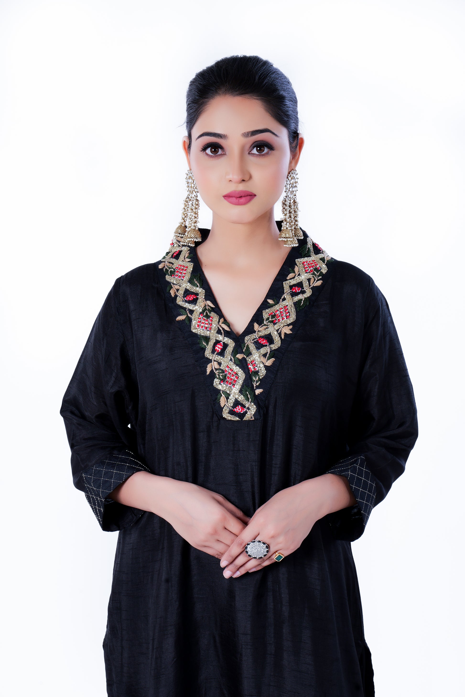 Straight Kurta Set with Organza Dupatta is made from luxurious Dola Silk and Zardozi Embroidery in Black Colou