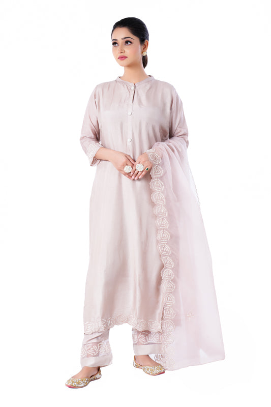 Straight Kurta Set with Organza Dupatta is made from luxurious Dola Silk and Pearl Hand Embroidery in Light Brown Colour