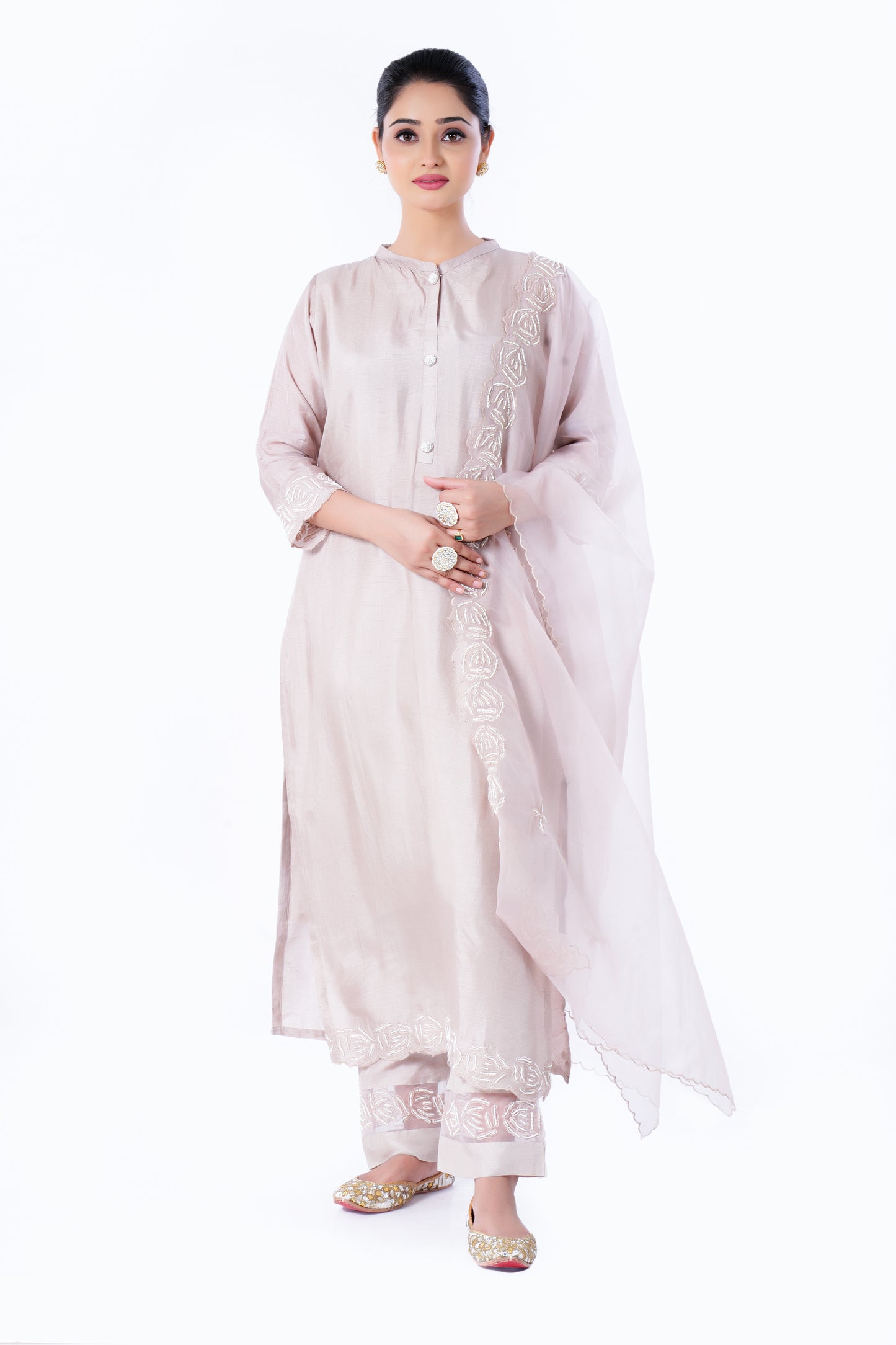 Straight Kurta Set with Organza Dupatta is made from luxurious Dola Silk and Pearl Hand Embroidery in Light Brown Colour