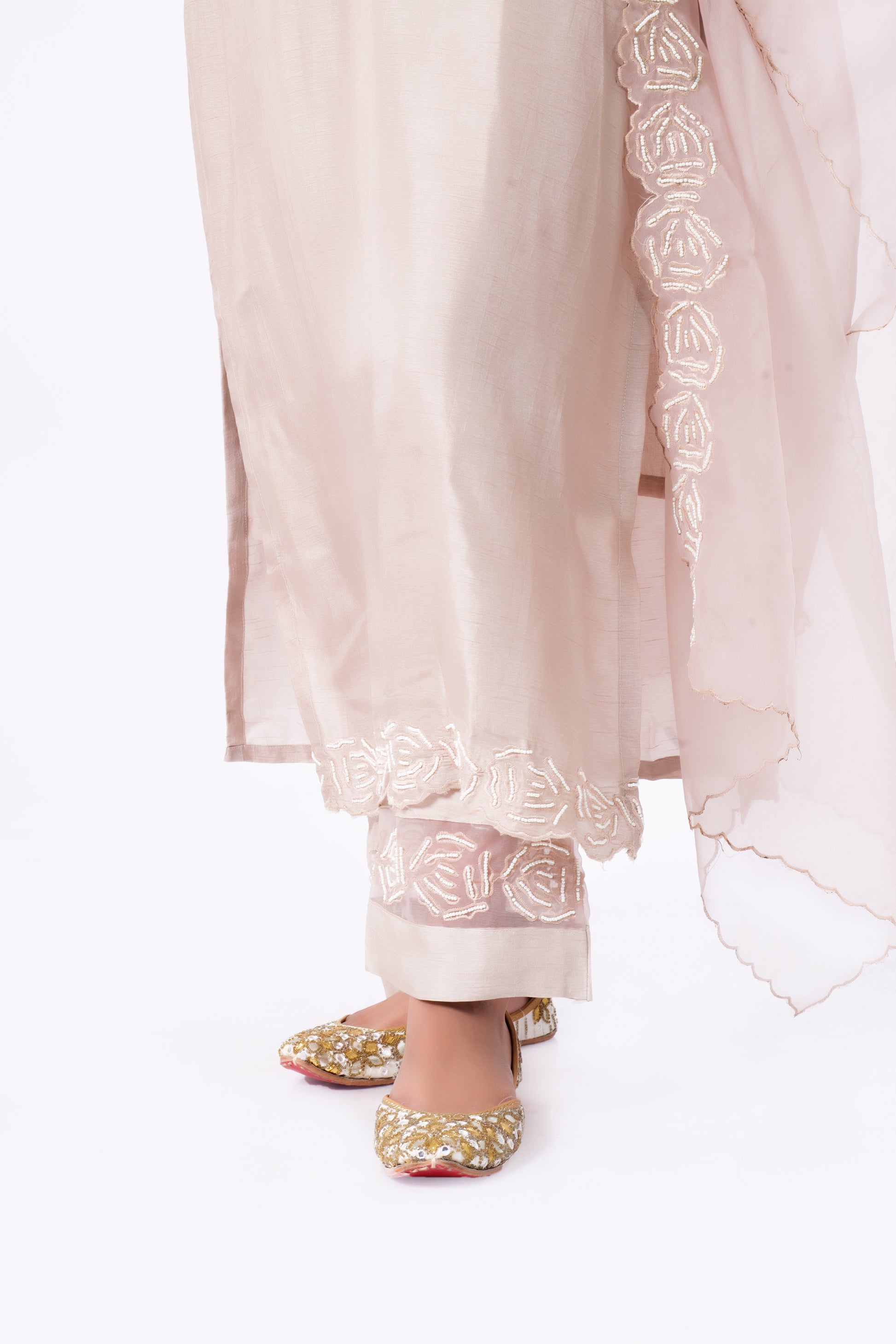 Straight Kurta Set with Organza Dupatta is made from luxurious Dola Silk and Pearl Hand Embroidery in Light Brown Colour