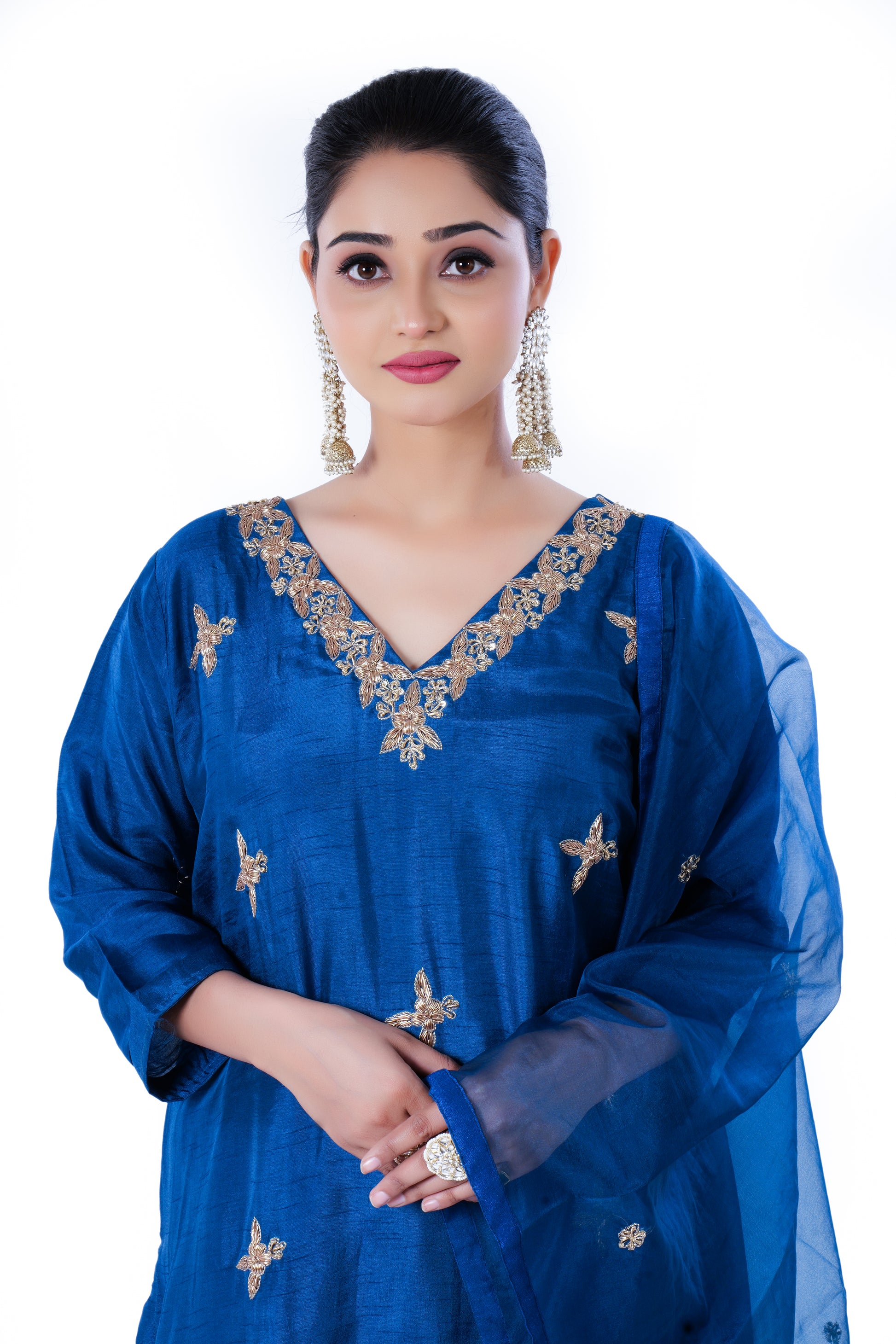 Straight Kurta Set with Organza Dupatta is made from luxurious Dola Silk and Zardozi Embroidery in Teal Colour