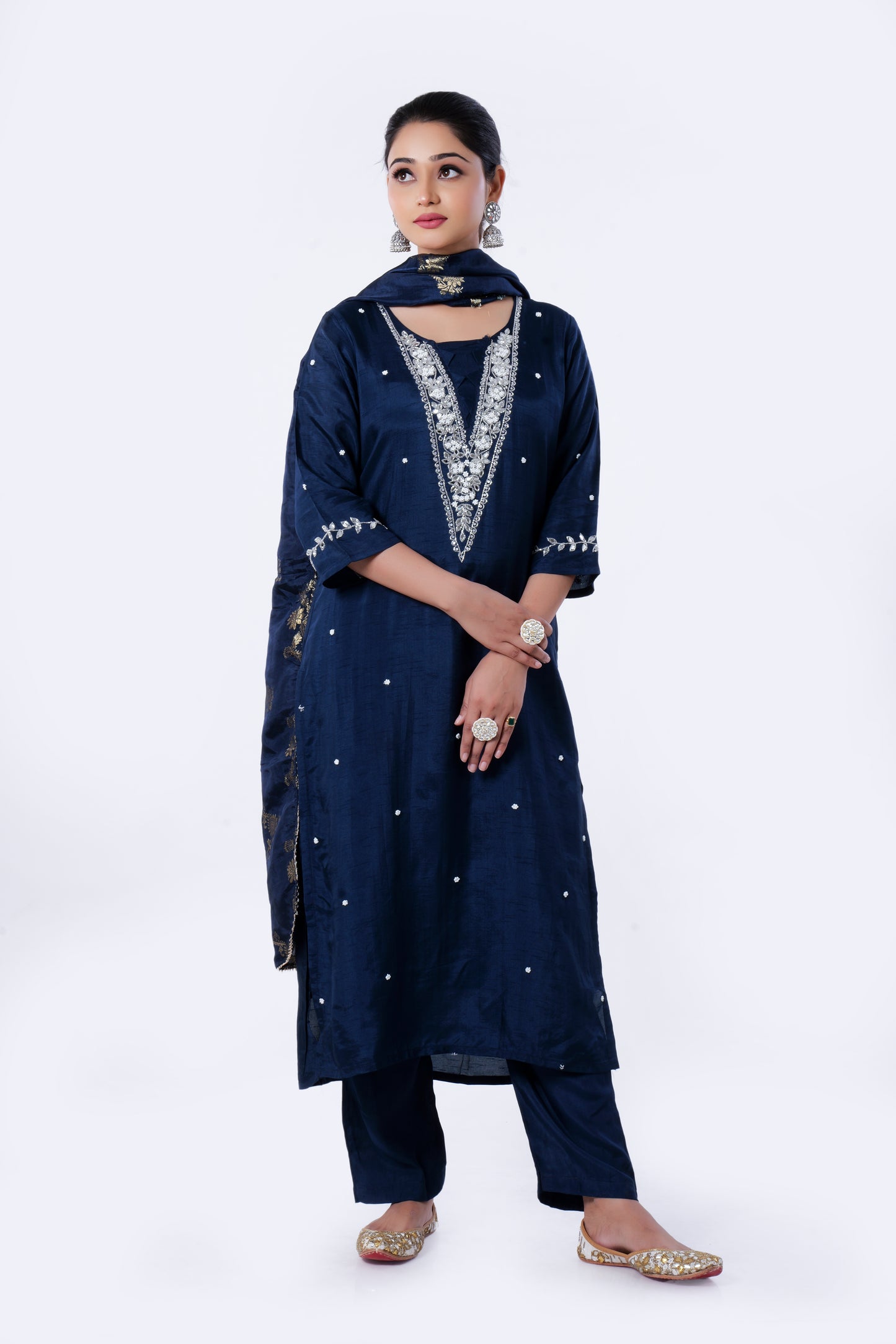 Straight Kurta Set with Banarasi Dupatta is made from luxurious Dola Silk and Mirror & Cut Dana Embroidery in Blue Colour