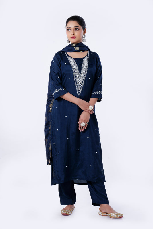 Straight Kurta Set with Banarasi Dupatta is made from luxurious Dola Silk  and Mirror & Cut Dana Embroidery in Blue Colour